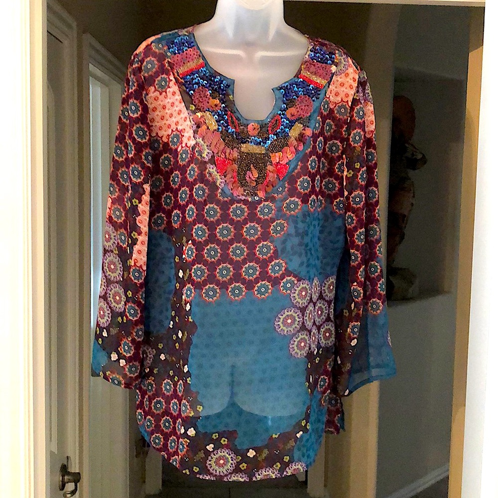 Sheer Blouse with Sequins & Beaded Neck